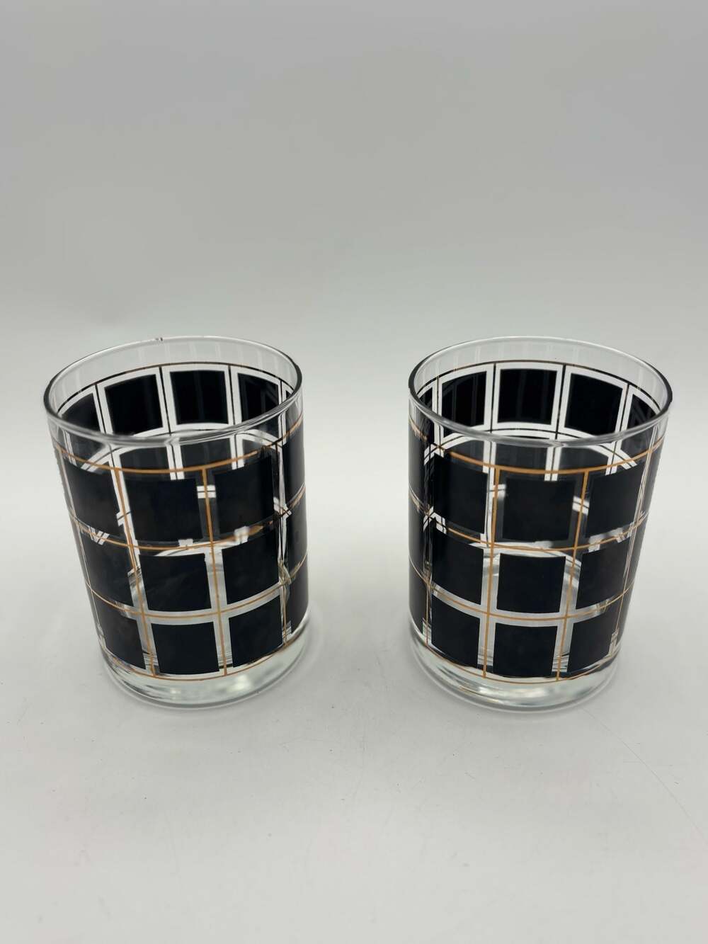 1970s Black and Gold Square Double Old Fashioned Glasses, Pair